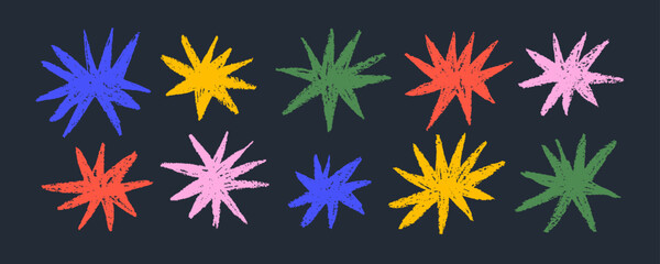 Poster - collection of crayon drawn funky colorful stars. fun kid star shapes. childish drawing cosmic illust