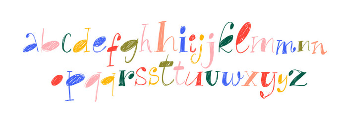 Aufkleber - Colorful funky retro serif font drawn by crayon or pencil. Hand drawn childish alphabet letters with scribbled texture.