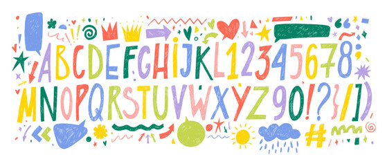 Aufkleber - Colorful funky kids English alphabet with numbers, punctuation symbols, speech bubbles and doodle shapes. Crayon drawn doodle font, childish playful scribbles. Hand drawn pencil texture text.