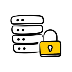 Aufkleber - A stack of five white servers with yellow accents and a yellow padlock securing them. Use for data security, server protection, or technology blogs.
