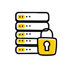 Aufkleber - A stack of five white servers with yellow accents and a yellow padlock securing them. Use for data security, server protection, or technology blogs.