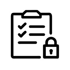 Aufkleber -  black outline icon of a clipboard with checkmarks and lines, next to a closed padlock. Could be used for security-related blogs or websites about data protection and compliance.