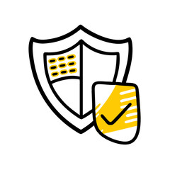 Aufkleber - Doodle shield with a checkered pattern and a solid shield with a checkmark. Ideal for websites/blogs about cybersecurity, data protection, digital security, or network safety.