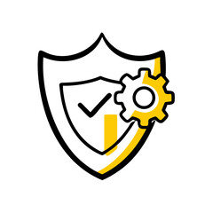 Poster - doodle-style shield icon with a checkmark and a gear, symbolizing security settings or managed protection. Perfect for websites and blogs discussing cybersecurity configuration, optimization