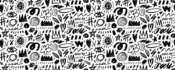 Poster - Seamless banner design with crayon drawn funky shapes, lines and doodles.
