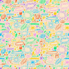 Poster - Colorful childish crayon drawn doodle seamless pattern. Funky shapes and inky drawings.