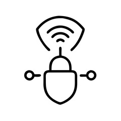 Poster - line icon of a shield emitting signal waves, flanked by small circles. Ideal for websites/blogs about cybersecurity, wireless security, network protection, or secure connections.