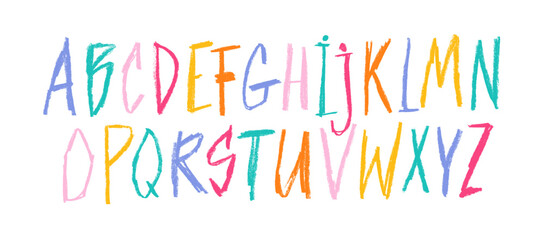 Aufkleber - Colorful funky kids English alphabet with crayon or chalk texture. Hand drawn doodle vector childish font for school and kindergarten banner design, posters. Playful colorful naive alphabet.
