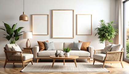 Poster - A modern living room with a neutral color palette, featuring a stylish sofa, armchairs, indoor plants, and decorative elements