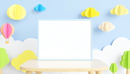Poster - A colorful, playful room with a blank frame on a wooden table, surrounded by paper clouds, balloons, and trees on a light blue wall