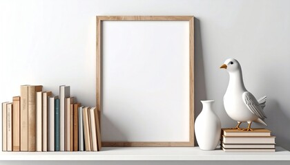 Poster - A minimalist shelf displays books, a decorative vase, and a ceramic bird, creating a serene and stylish atmosphere