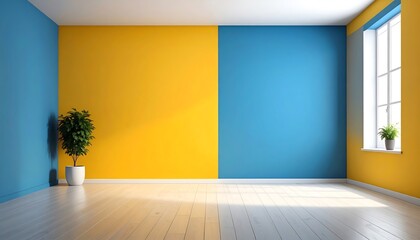 Poster - Brightly colored room featuring yellow and blue walls, a wooden floor, and a potted plant by a window, creating a cheerful and modern atmosphere