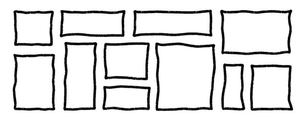 Poster - Black wavy squares and rectangles frames. Bold outline grunge rectangle shapes, empty speech bubbles.