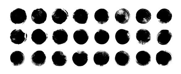 Poster - Circle grunge stamps and seals set. Hand drawn rough round shapes, black sun symbols, circle brush strokes and dots. Japanese or Chinese calligraphy round shapes isolated on white background.