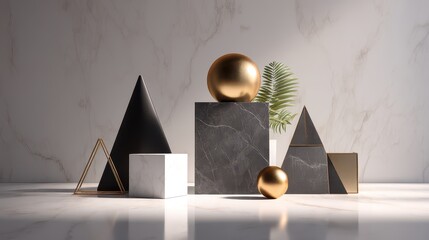Poster - Elegant Arrangement of Geometric Shapes and Natural Elements on Marble Surface in Contemporary Home Decor Setting