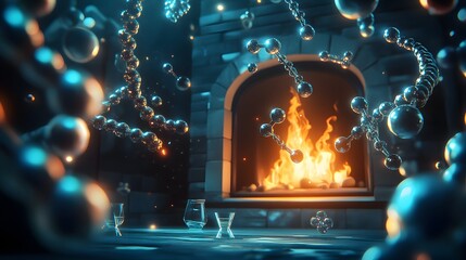 Poster - Intricate molecular design around a glowing fireplace.