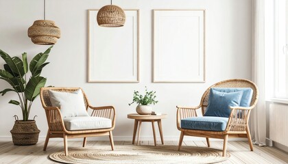 Poster - A cozy, modern living space featuring rattan chairs, a round table, and a plant, adorned with natural textures and neutral colors