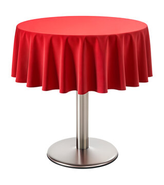 Round red tablecloth on stainless steel table base isolated on transparent background