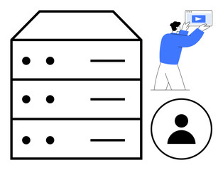 Poster - Server stack with three-tier structure, user icon, and person holding a media panel. Ideal for data management, cloud storage, user interaction, media streaming, database systems, IT services simple