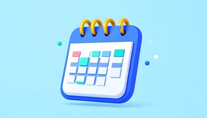 Poster - A colorful 3D calendar design with a light blue background, featuring a spiral binding and various colored squares representing dates