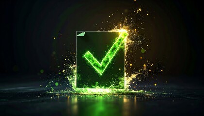 Poster - A glowing green checkmark icon surrounded by vibrant sparks and light effects, symbolizing approval and success
