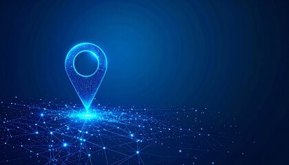 Poster - A digital map pin in a glowing blue design, surrounded by a network of dots and lines, representing location and connectivity in a tech-themed environment