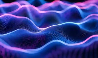 Fototapete -  3D render of blue and purple abstract wavy lines with a glow, close-up, dark background, 2D illustration, flat design, high resolution,
