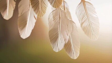 Poster - Detailed view of elegant golden feathers hanging gently in soft, warm light and blurred neutral toned background creating a soft aesthetic and visual texture.