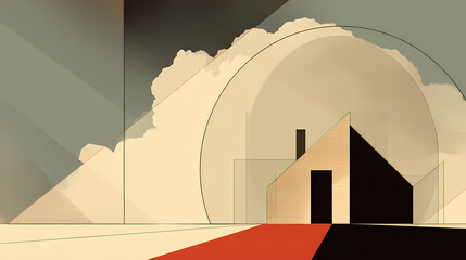 Wall Mural - Surreal house encased in a transparent bubble against a dreamy blue sky and soft white clouds. minimalist. Illustration