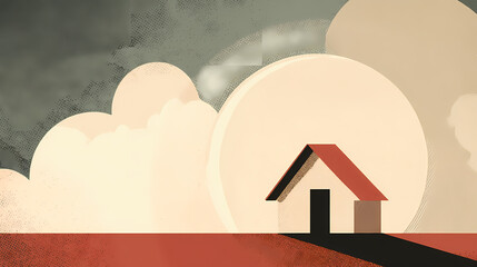 Wall Mural - Surreal house encased in a transparent bubble against a dreamy blue sky and soft white clouds. minimalist. Illustration