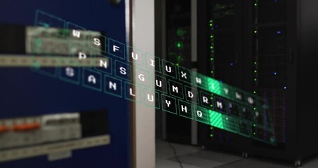 Poster - Holographic keyboard appearing over racks drifting and scanning green keys simulating data flow