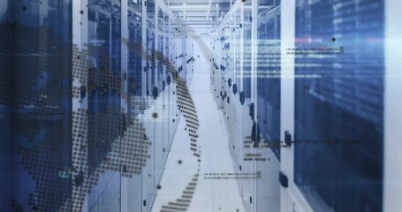 Poster - On load server aisle shifting dot-matrix globe overlay dissolving reemerging showing data flow