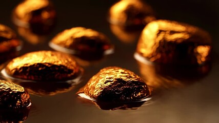 Poster - Golden nuggets floating on shiny surface, abstract precious metal background, shimmering texture