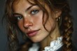 © Олена Носова - Young woman in profile with braided hair wearing a white blouse looking to the side