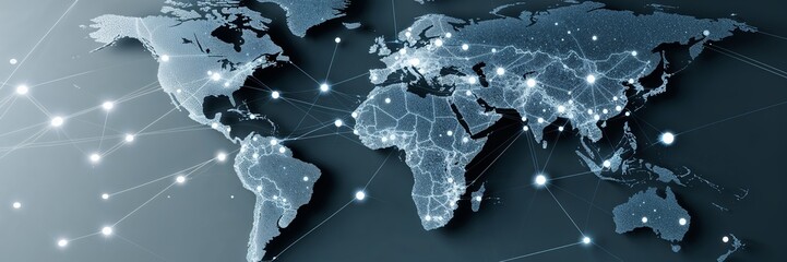 Poster - Visual representation of a world map showcasing digital connections and data points across continents with a modern design