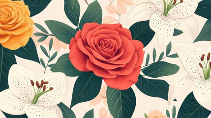 Poster - Vibrant Floral Wallpaper Design Featuring Elegant Roses and Lilies in a Seamless Pattern