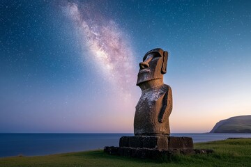 Wall Mural - a statue of a man stands on a grassy hill overlooking the ocean