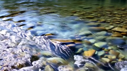 Poster - Clear flowing river water cascading over rocks creating whitewater texture, nature background, serene environment.