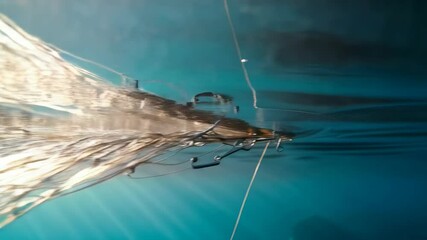 Poster - Underwater view of fishing net with intricate mesh and clear blue water reflecting sunlight above the surface