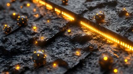 Poster - Abstract design featuring glowing orbs and dark surface textures.