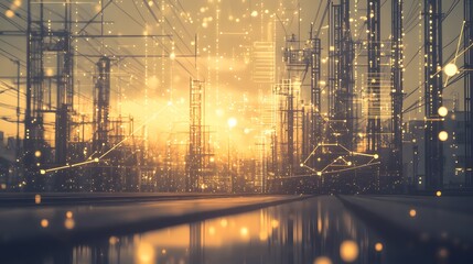 Poster - A futuristic industrial landscape at golden hour.