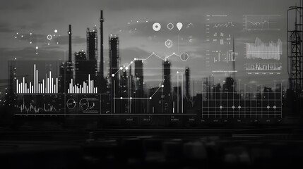 Poster - Industrial facility at night overlaid with data visualizations.