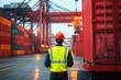© Milana - Worker in safety gear standing in a busy shipping container yard surrounded by stacked containers and industrial cranes during dusk