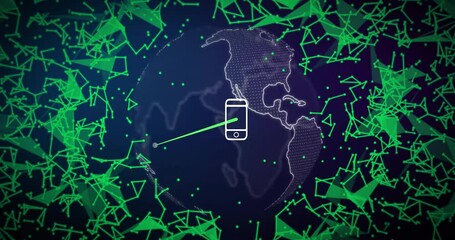 Poster - Globe sharpening sparking smartphone icon moving around Earth, colored lines showing data exchange