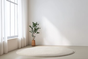 Poster - Sun shining through window in modern, minimalist style room with round carpet and potted plant