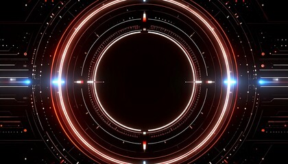 Leinwandbilder - Abstract technology background with glowing orange and blue rings forming a circular frame. The central area is dark, creating a sense of depth and mystery.