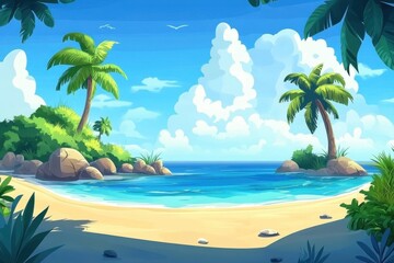 Wall Mural - Serene tropical island view with turquoise waters and vibrant greenery under a blue sky, beautiful view of the island, seamless ing Photo background, cartoon style