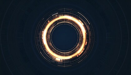 Leinwandbilder - Futuristic circular tech design glowing on a dark background. The image features a series of concentric circles illuminated by bright light