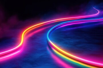 Poster - Bright neon lights create a vibrant path in a dark background room at night, Bright neon border on a dark background, room for message, eye catching