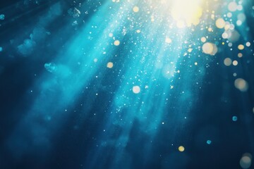 Poster - Shimmering particles float in tranquil underwater depths illuminated by sunlight, Abstract underwater scene with shimmering particles and a bright light beam